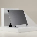 Fx Samsung Galaxy Tab S6 elegantly displayed on modern geometric platform with soft shadows 4
