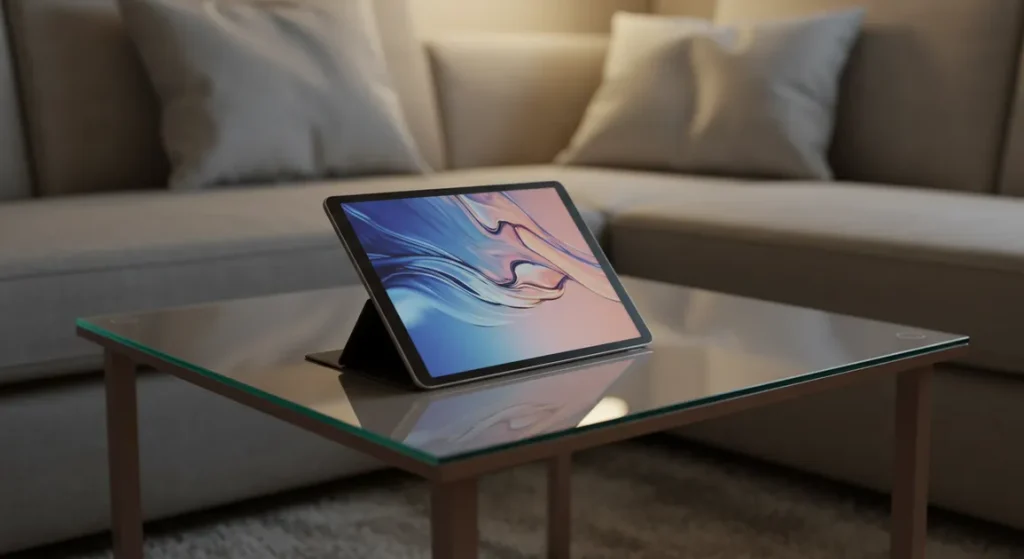 Fx Samsung Galaxy Tab S6 elegantly placed on modern coffee table with soft ambient lighting 1