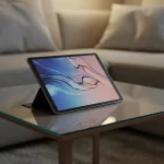 Fx Samsung Galaxy Tab S6 elegantly placed on modern coffee table with soft ambient lighting 1