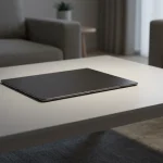 Fx Samsung Galaxy Tab S6 elegantly placed on modern coffee table with soft ambient lighting 2