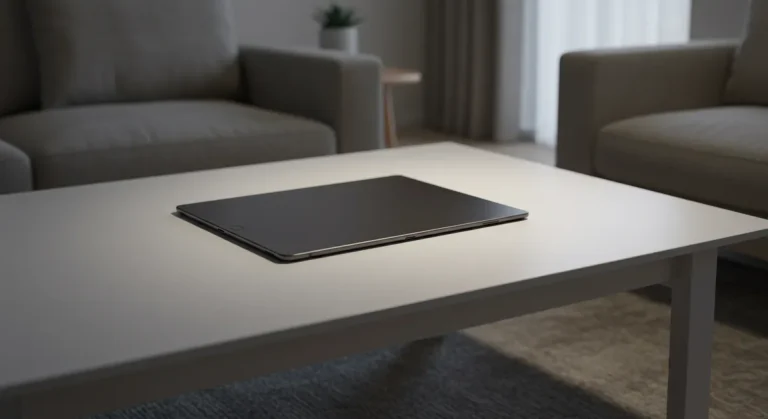 Fx Samsung Galaxy Tab S6 elegantly placed on modern coffee table with soft ambient lighting 2
