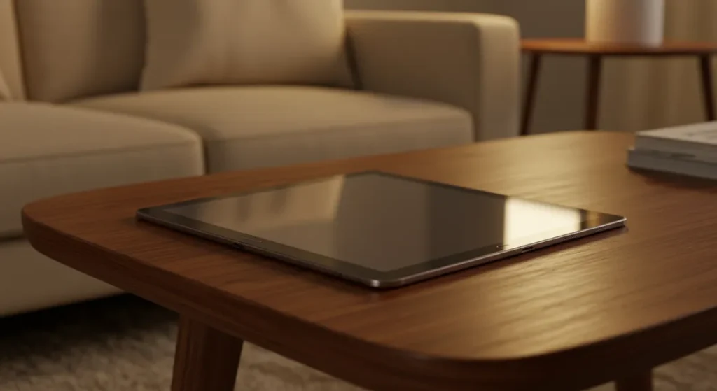 Fx Samsung Galaxy Tab S6 elegantly placed on modern coffee table with soft ambient lighting 3