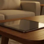 Fx Samsung Galaxy Tab S6 elegantly placed on modern coffee table with soft ambient lighting 3