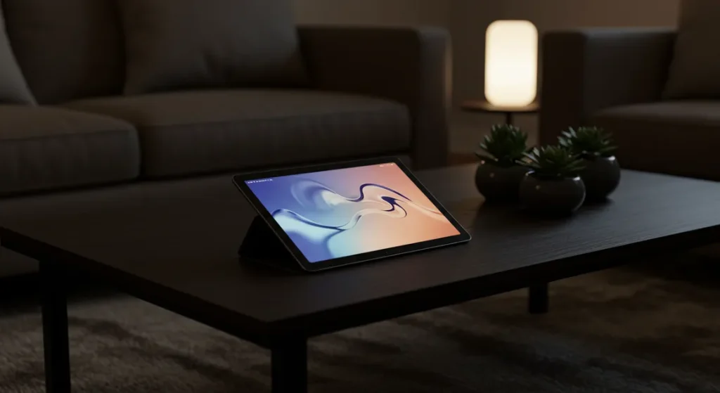 Fx Samsung Galaxy Tab S6 elegantly placed on modern coffee table with soft ambient lighting 4