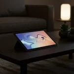 Fx Samsung Galaxy Tab S6 elegantly placed on modern coffee table with soft ambient lighting 4