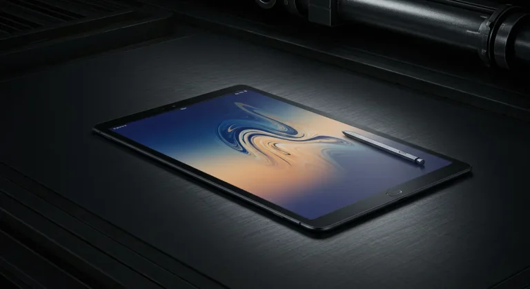 Fx Samsung Galaxy Tab S6 on brushed metal surface with industrial modern aesthetic 1