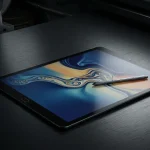Fx Samsung Galaxy Tab S6 on brushed metal surface with industrial modern aesthetic 4