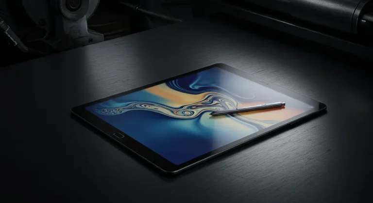 Fx Samsung Galaxy Tab S6 on brushed metal surface with industrial modern aesthetic 4