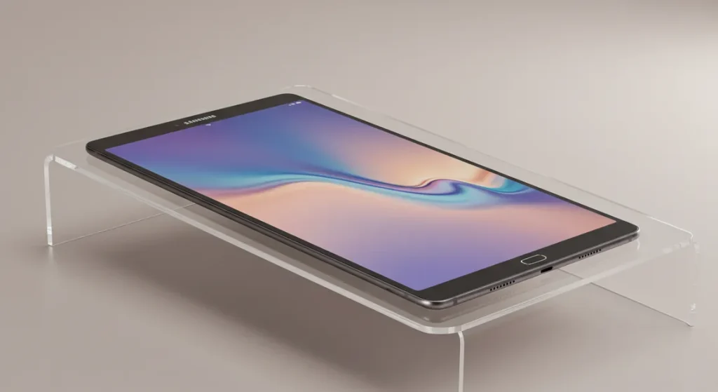 Fx Samsung Galaxy Tab S6 on clean acrylic surface with subtle transparency effects 2