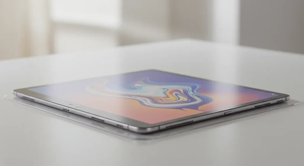 Fx Samsung Galaxy Tab S6 on clean acrylic surface with subtle transparency effects 3