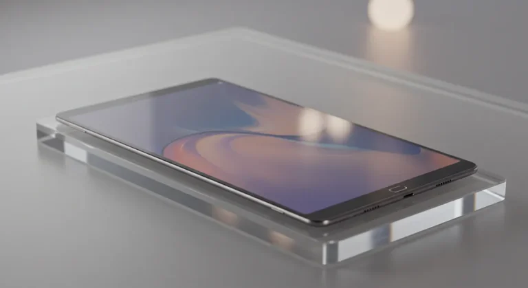 Fx Samsung Galaxy Tab S6 on clean acrylic surface with subtle transparency effects 4