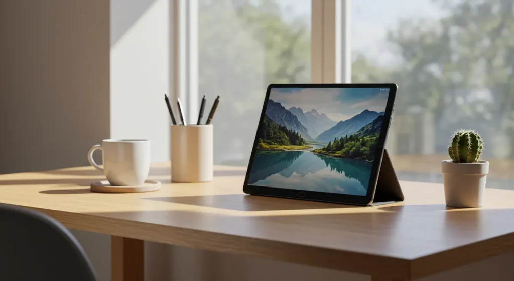 Fx Samsung Galaxy Tab S6 on minimalist desk setup with contemporary design elements 1