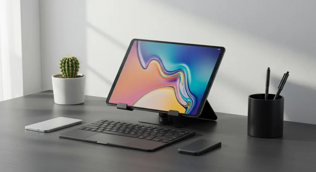 Fx Samsung Galaxy Tab S6 on minimalist desk setup with contemporary design elements 2