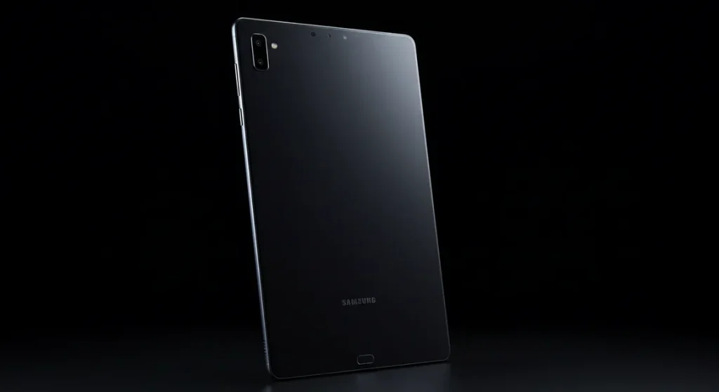 Fx Samsung Galaxy Tab S6 on sleek black surface with dramatic rim lighting 1