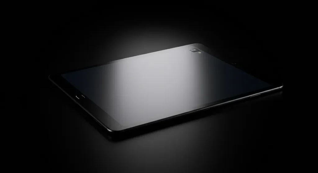 Fx Samsung Galaxy Tab S6 on sleek black surface with dramatic rim lighting 2