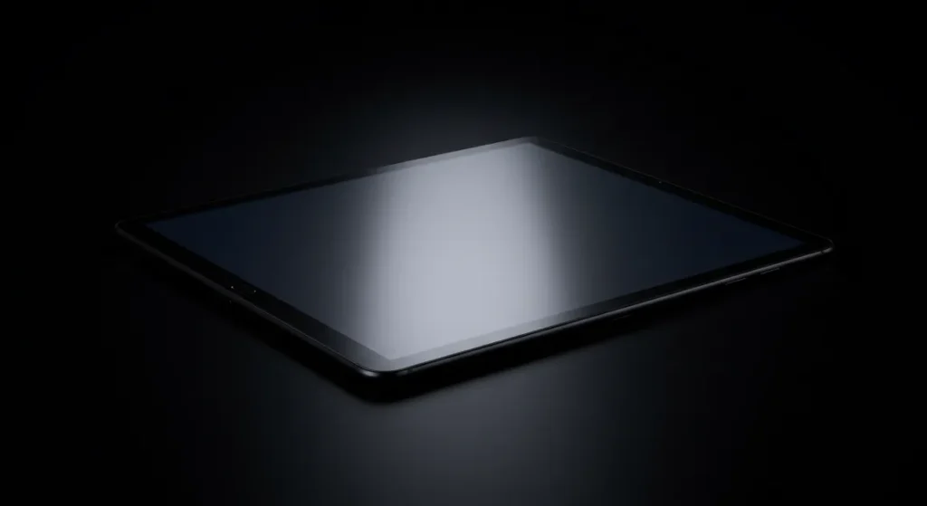 Fx Samsung Galaxy Tab S6 on sleek black surface with dramatic rim lighting 3