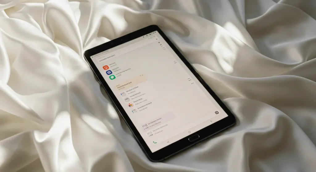 Fx Samsung Galaxy Tab S6 positioned on white silk fabric with elegant draping and soft light 1