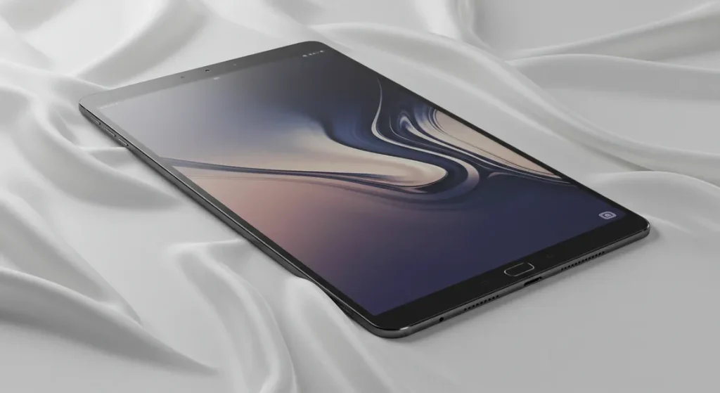 Fx Samsung Galaxy Tab S6 positioned on white silk fabric with elegant draping and soft light 2