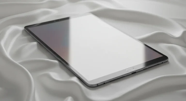 Fx Samsung Galaxy Tab S6 positioned on white silk fabric with elegant draping and soft light 3
