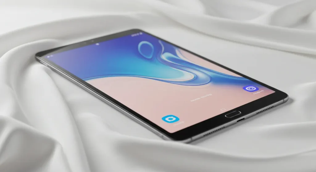 Fx Samsung Galaxy Tab S6 positioned on white silk fabric with elegant draping and soft light 4