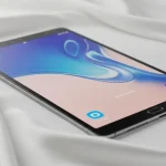 Fx Samsung Galaxy Tab S6 positioned on white silk fabric with elegant draping and soft light 4