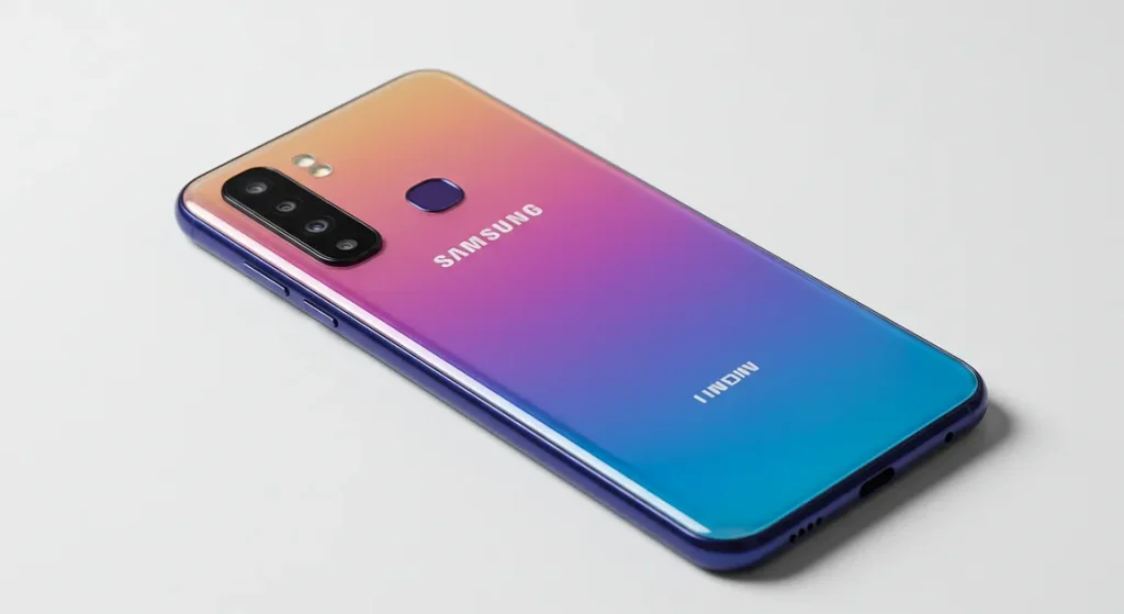 Fx Samsung Galaxy budget model lying flat with its colorful back panel visible 1