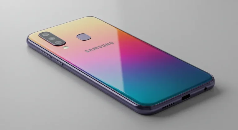 Fx Samsung Galaxy budget model lying flat with its colorful back panel visible 2
