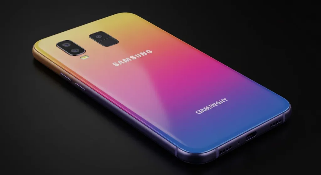 Fx Samsung Galaxy budget model lying flat with its colorful back panel visible 3