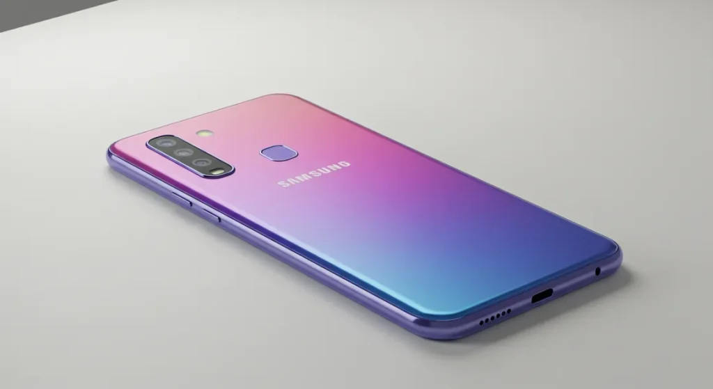 Fx Samsung Galaxy budget model lying flat with its colorful back panel visible 4