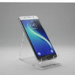 Fx Samsung Galaxy device resting on a clean acrylic stand with professional lighting 1