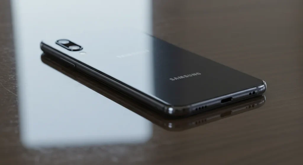 Fx Samsung affordable phone placed on a glass surface creating subtle reflections 1