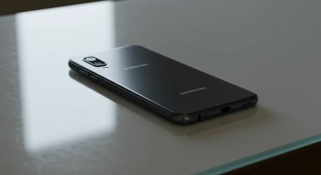 Fx Samsung affordable phone placed on a glass surface creating subtle reflections 3