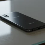 Fx Samsung affordable phone placed on a glass surface creating subtle reflections 3