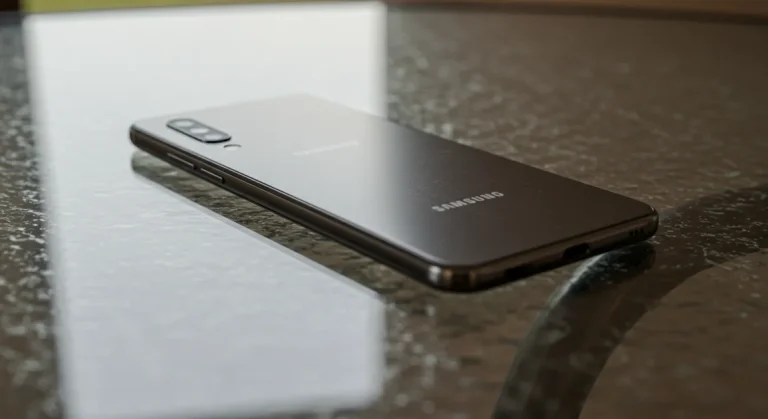 Fx Samsung affordable phone placed on a glass surface creating subtle reflections 4