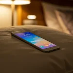 Fx Samsung affordable phone placed on a soft pillow with cozy indoor lighting 1