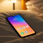 Fx Samsung affordable phone placed on a soft pillow with cozy indoor lighting 2