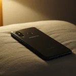 Fx Samsung affordable phone placed on a soft pillow with cozy indoor lighting 3