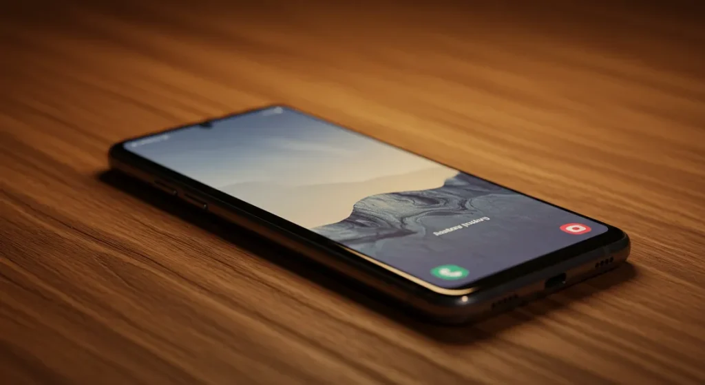 Fx Samsung affordable phone positioned diagonally on a wooden desk with warm ambient lighting 1