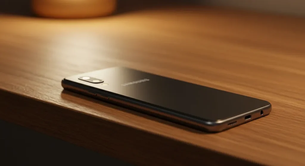 Fx Samsung affordable phone positioned diagonally on a wooden desk with warm ambient lighting 2