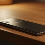 Fx Samsung affordable phone positioned diagonally on a wooden desk with warm ambient lighting 2