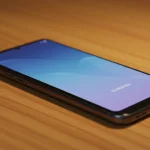 Fx Samsung affordable phone positioned diagonally on a wooden desk with warm ambient lighting 4