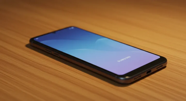Fx Samsung affordable phone positioned diagonally on a wooden desk with warm ambient lighting 4