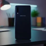Fx Samsung affordable smartphone photographed against a softly blurred tech workspace 1