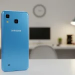 Fx Samsung affordable smartphone photographed against a softly blurred tech workspace 2