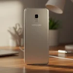 Fx Samsung affordable smartphone photographed against a softly blurred tech workspace 4