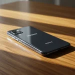 Fx Samsung affordable smartphone resting on a wooden table with natural wood grain texture 3