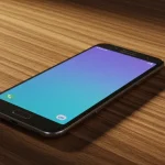 Fx Samsung affordable smartphone resting on a wooden table with natural wood grain texture 4