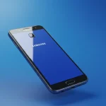 Fx Samsung budget phone photographed from a low angle against a gradient blue background 1