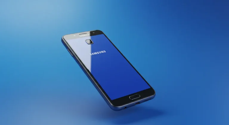 Fx Samsung budget phone photographed from a low angle against a gradient blue background 1