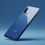 Fx Samsung budget phone photographed from a low angle against a gradient blue background 2